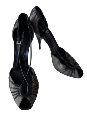 Giorgio Armani Mesh Ruched Peep Toe Ankle Strap Pump Heels Metallic38.5(US8/8,5)